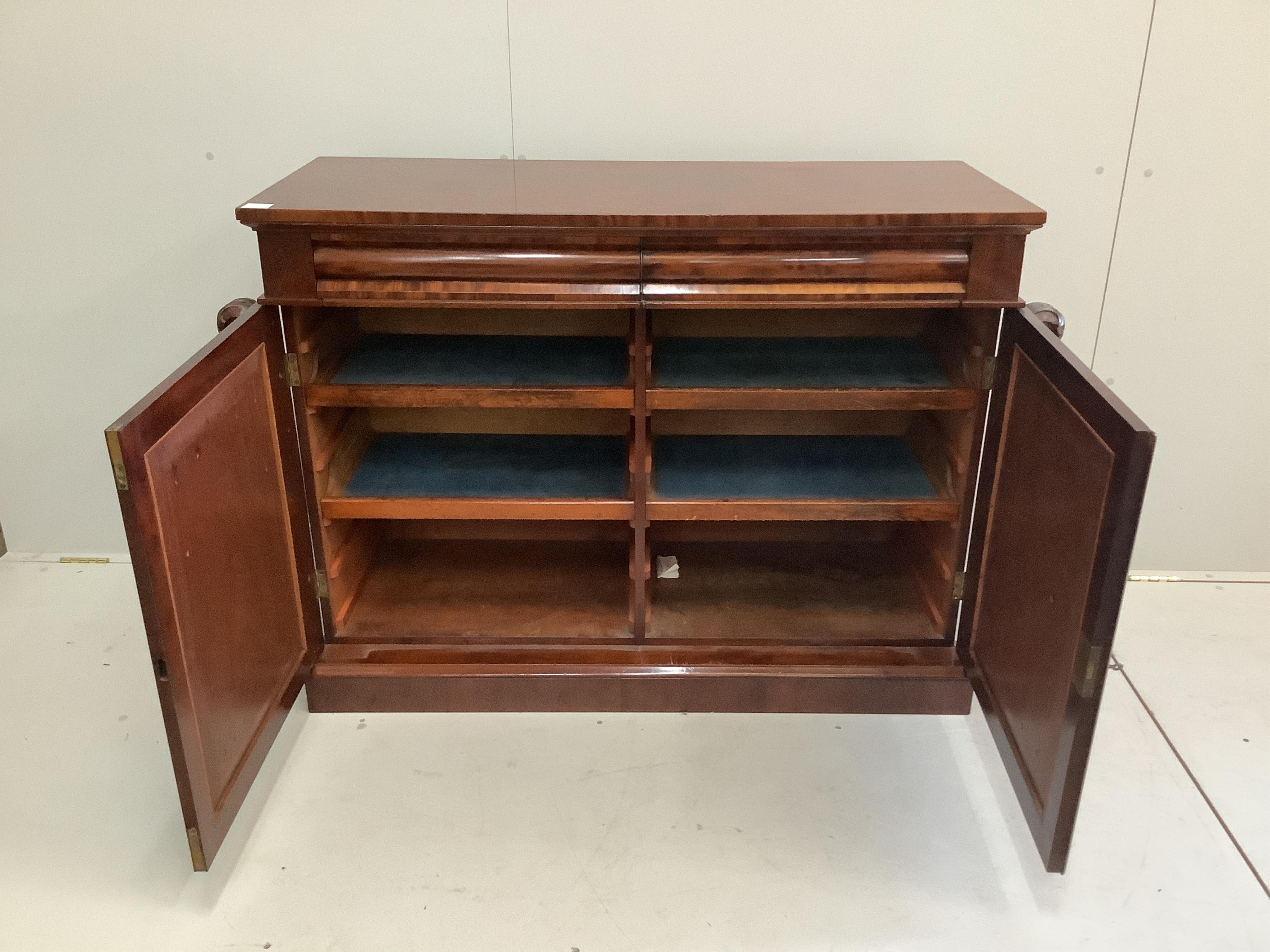 A Victorian mahogany chiffonier, with linen press style drawers, width 122cm, depth 50cm, height 92cm. Condition - good